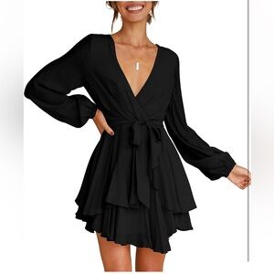 Womens Ruffle Dress Tie Waist Deep V-Neck Long Sleeve Swing Dress